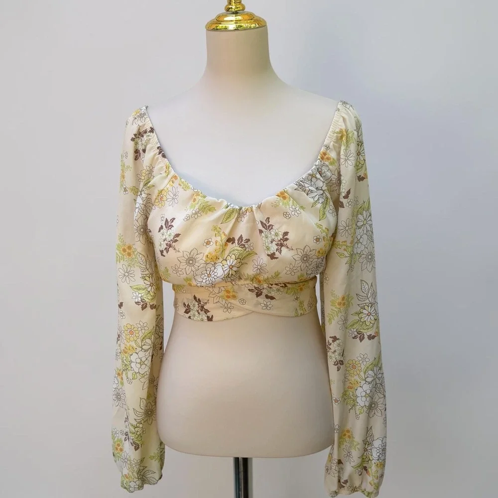 Madden NYC Floral Crop Top XL Yellow Retro Tie Back Long Sleeve Boho Festival - Picture 2 of 10